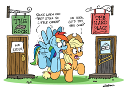 Size: 2498x1758 | Tagged: safe, artist:bobthedalek, derpibooru import, applejack, rainbow dash, earth pony, pegasus, pony, g4, applejack's hat, atg 2024, choice, clothes, cowboy hat, decision, door, duo, duo female, female, flying, freckles, hat, mare, newbie artist training grounds, open mouth, pub, pun, sign, visual pun