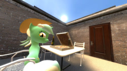 Size: 1080x606 | Tagged: safe, artist:ports2005, derpibooru import, lyra heartstrings, pony, g4, 3d, chair, food, gmod, happy, hat, looking at you, pizza, sky, summer, sun, table