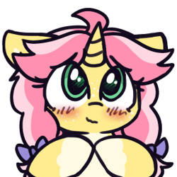 Size: 270x270 | Tagged: safe, artist:rivibaes, derpibooru import, oc, oc only, oc:crafty circles, pony, unicorn, blush lines, blushing, bow, bust, coat markings, colored belly, cute, ears, female, filly, floppy ears, foal, freckles, hair bow, hoof tapping, horn, looking at you, not kettle corn, ocbetes, simple background, smiling, socks (coat marking), solo, transparent background, wavy mouth, white outline