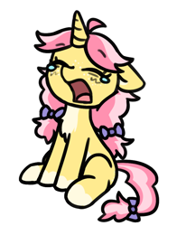 Size: 664x845 | Tagged: safe, artist:rivibaes, derpibooru import, oc, oc only, oc:crafty circles, pony, unicorn, bow, chest fluff, coat markings, colored belly, cute, ears, female, filly, floppy ears, foal, freckles, hair bow, horn, not kettle corn, ocbetes, open mouth, sitting, socks (coat marking), solo, tail, tail bow, teary eyes, tired, white outline, yawn