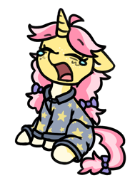 Size: 664x845 | Tagged: safe, artist:rivibaes, derpibooru import, oc, oc only, oc:crafty circles, pony, unicorn, bow, clothes, coat markings, colored belly, cute, ears, eyes closed, female, filly, floppy ears, foal, freckles, hair bow, horn, not kettle corn, ocbetes, open mouth, pajamas, sitting, socks (coat marking), solo, stars, tail, tail bow, teary eyes, tired, white outline, yawn