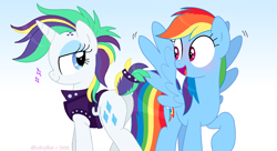 Size: 1480x806 | Tagged: safe, artist:lullapiies, derpibooru import, rainbow dash, rarity, pegasus, pony, unicorn, g4, alternate hairstyle, blushing, butt, duo, duo female, female, gradient background, horn, lesbian, plot, punk, raridash, raripunk, shipping, spread wings, wingboner, wings