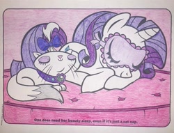 Size: 983x750 | Tagged: safe, artist:lullapiies, derpibooru import, opalescence, rarity, pony, g4, coloring page, duo, sleep mask, traditional art