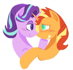 Size: 1456x1385 | Tagged: safe, artist:startrixfan, derpibooru import, starlight glimmer, sunset shimmer, pony, unicorn, g4, blushing, cute, duo, duo female, female, horn, lesbian, looking at each other, looking at someone, ship:shimmerglimmer, shipping, simple background, white background