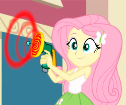 Size: 1007x840 | Tagged: safe, artist:paco777yuyu, derpibooru import, edit, edited screencap, screencap, fluttershy, human, equestria girls, g4, arms, butterfly hairpin, canterlot high, clothes, female, fingers, hairpin, hand, happy, holding, hypno gun, hypnosis, long hair, makeup, outside, school, skirt, sleeveless, smiling, solo, standing, tanktop, teenager
