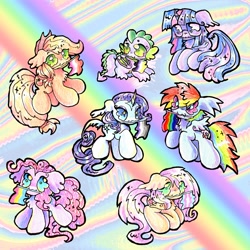 Size: 4000x4000 | Tagged: safe, artist:larvaecandy, derpibooru import, applejack, fluttershy, pinkie pie, rainbow dash, rarity, spike, twilight sparkle, twilight sparkle (alicorn), alicorn, dragon, earth pony, pegasus, pony, unicorn, g4, :3, abstract background, asexual pride flag, beanbrows, big eyes, big hooves, bilight sparkle, bisexual pride flag, blonde, blonde mane, blonde tail, blue coat, blue eyes, chest fluff, colored wings, curly hair, curly mane, curly tail, curved horn, ear fluff, ears, eye clipping through hair, eyebrows, eyelashes, female, floppy ears, folded wings, gay pride flag, glasses, green eyes, holding flag, horn, lesbian pride flag, looking back, mane seven, mane six, mare, mixed media, mouth hold, multicolored hair, multicolored mane, multicolored tail, narrowed eyes, nonbinary, nonbinary pride flag, nonbinary spike, orange coat, pansexual pride flag, pink coat, pink eyes, pink mane, pink tail, ponytail, pride, pride flag, pride month, pride ponies, purple coat, purple mane, purple tail, rainbow background, rainbow hair, rainbow tail, raised hoof, raised leg, ringlets, shiny mane, shiny tail, short horn, small wings, smiling, sparkly mane, sparkly tail, spiky mane, spiky tail, spread wings, standing, straight mane, straight tail, tail, tied mane, tied tail, trans fluttershy, transgender pride flag, two toned wings, unicorn horn, white coat, wingding eyes, winged spike, wings, yellow coat