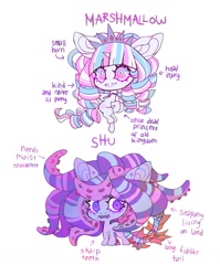 Size: 1259x1578 | Tagged: safe, artist:cutesykill, derpibooru import, oc, oc only, oc:princess marshmallow, oc:shokoshu, monster pony, pony, sea pony, beanbrows, big ears, big eyes, big head, chibi, colored eyebrows, colored teeth, crown, decapitated, ears, eyebrows, eyelashes, facial markings, fins, fish tail, flying, freckles, horn, jewelry, looking back, multicolored mane, multicolored tail, pink eyes, purple coat, purple eyes, purple teeth, purple text, rearing, regalia, ringlets, sea pony oc, sharp teeth, shrunken pupils, simple background, small wings, smiling, spikes, spread wings, standing, striped, striped tail, stripes, tail, teeth, tentacle mane, text, thick eyelashes, three toned mane, three toned tail, tiara, tri-color mane, tri-color tail, tri-colored mane, tri-colored tail, tricolor mane, tricolor tail, tricolored mane, two toned eyes, unicorn horn, white background, white coat, wide eyes, wings