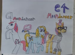 Size: 3525x2604 | Tagged: safe, artist:blackblade360, derpibooru import, moondancer, moondancer (g1), moondancer (g3), earth pony, pony, unicorn, g1, g3, g4, blue coat, clothes, coat, colored pencil drawing, drawing, evolution, generation leap, glasses, horn, paper, tail, tan coat, traditional art, two toned mane, two toned tail, white coat