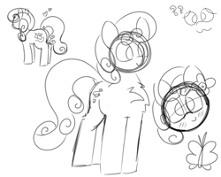 Size: 2000x1600 | Tagged: safe, artist:allhallowsboon, derpibooru import, junebug, earth pony, pony, g4, butt, chest fluff, female, heart, mare, monochrome, question mark, simple background, sketch, sketch dump, smiling, solo, white background