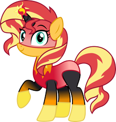 Size: 2372x2501 | Tagged: safe, artist:cloudy glow, artist:dupontsimon, derpibooru import, sunset shimmer, unicorn, fanfic:choose your own magic ending, g4, fanfic art, female, horn, looking at you, mare, mask, raised hoof, raised leg, simple background, smiling, smiling at you, solo, superhero, superhero costume, transparent background, vector