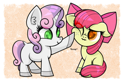 Size: 1100x733 | Tagged: safe, artist:scandianon, derpibooru import, apple bloom, sweetie belle, earth pony, unicorn, g4, annoyed, boop, cute, duo, duo female, ears, fail, female, filly, floppy ears, foal, hitmarker, horn, scrunchy face, sitting, smiling, wavy mouth