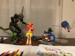 Size: 4032x3024 | Tagged: safe, derpibooru import, sci-twi, sunset shimmer, twilight sparkle, dinosaur, human, equestria girls, g4, bionicle, clothes, doll, drawing, edalpo, equestria girls minis, irl, kikanolo, lego, one-piece swimsuit, photo, sandals, sarong, snorkel, snorks, swimsuit, toy, two-piece swimsuit