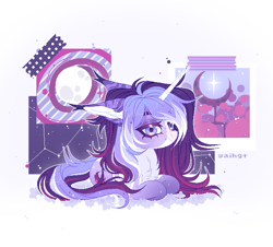 Size: 717x649 | Tagged: safe, artist:waihgt, derpibooru import, oc, oc only, oc:estel moonborn, pony, unicorn, abstract background, digital art, horn, lidded eyes, pixel art, purple coat, simple background, solo, unicorn oc, white background