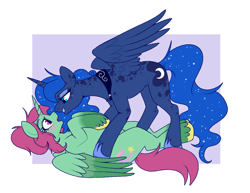 Size: 1163x898 | Tagged: safe, artist:lulubell, derpibooru import, princess luna, oc, oc:aria starsong, alicorn, pony, g4, alicorn oc, blush lines, blushing, body freckles, canon x oc, colored hooves, colored wings, colored wingtips, duo, duo female, ear freckles, ethereal mane, ethereal tail, eyeshadow, female, folded wings, freckles, gradient legs, hoof shoes, horn, lavender background, leg freckles, lesbian, lidded eyes, looming over, lying down, magenta eyes, makeup, mare, nose to nose, on back, partially open wings, passepartout, peytral, pinned down, princess shoes, shocked, simple background, surprised, tail, unshorn fetlocks, white background, wing freckles, wings