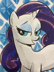 Size: 769x1024 | Tagged: safe, artist:thom zahler, derpibooru import, rarity, pony, unicorn, g4, c2e2, c2e2 2013, female, horn, lidded eyes, mare, open mouth, open smile, sketchcard, smiling, solo, traditional art