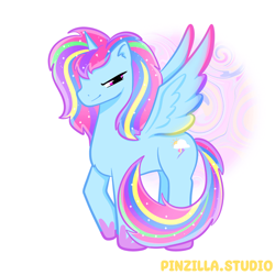 Size: 640x640 | Tagged: safe, artist:pinzillastudio, derpibooru import, oc, oc only, alicorn, pony, g4, alicorn oc, colored wings, colored wingtips, female, fusion, fusion:dashlestia, fusion:princess celestia, fusion:rainbow dash, gauntlet, horn, multicolored hair, raised hoof, raised leg, simple background, smiling, smirk, solo, sparkling mane, spread wings, white background, wings