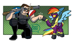Size: 600x336 | Tagged: safe, artist:thom zahler, derpibooru import, rainbow dash, human, pegasus, pony, g4, luna eclipsed, 2013, cigar, clothes, costume, crossover, domino mask, duo, duo male and female, emanata, female, fist bump, gun, male, mare, nightmare night costume, on one knee, open mouth, open smile, pants, shadowbolt dash, shadowbolts costume, shirt, smiling, smoke, smoking, spread wings, tail, the comedian, watchmen, watermark, weapon, wings