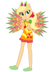 Size: 819x1188 | Tagged: safe, artist:flormoonlight, artist:user15432, derpibooru import, applejack, equestria girls, g4, alternate hairstyle, base used, bunny ears, clothes, colored wings, crossed arms, crossover, cutie mark on clothes, dress, eastrix, fairy, fairy wings, fairyized, looking at you, orange dress, orange wings, ponied up, ponytail, shoes, simple background, smiling, sparkly wings, transparent background, wings, winx, winx club, winxified