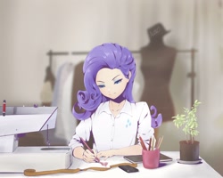 Size: 1920x1536 | Tagged: artist needed, safe, derpibooru import, rarity, human, g4, cellphone, clothes, cutie mark on clothes, drawing, female, holding a pencil, humanized, mannequin, measuring tape, pencil, phone, plant, plant pot, potted plant, sewing machine, signature, smartphone, solo, woman