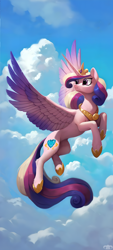 Size: 1080x2400 | Tagged: safe, ai content, artist:dovakkins, derpibooru exclusive, derpibooru import, machine learning assisted, princess cadance, alicorn, pony, g4, :3, belly, chest fluff, cloud, cloudy, colored wings, colored wingtips, concave belly, crown, female, flying, gauntlet, head turn, hoof shoes, horn, jewelry, leg fluff, long horn, mare, peytral, princess shoes, regalia, sky, slender, smiling, solo, spread wings, tail, thin, wallpaper, wavy mane, wavy tail, wings