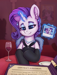 Size: 735x965 | Tagged: safe, artist:zeepheru_pone, derpibooru import, rarity, twilight sparkle, alicorn, pony, unicorn, g4, atg 2024, clothes, contract, dress, ear piercing, earring, female, glass, horn, jewelry, mare, necklace, newbie artist training grounds, offscreen character, pearl necklace, picture, piercing, plate, pov, restaurant, socks, solo, stockings, table, thigh highs, wine glass