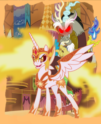 Size: 1600x1960 | Tagged: safe, artist:mm15766, derpibooru import, daybreaker, discord, princess celestia, alicorn, draconequus, g4, alternate universe, concave belly, duo, duo male and female, female, indoors, male, ponyville town hall, slender, thin