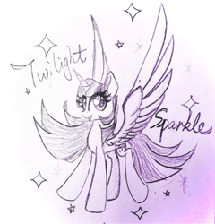 Size: 2388x2486 | Tagged: safe, artist:astralune, derpibooru import, twilight sparkle, twilight sparkle (alicorn), alicorn, pony, g4, eyelashes, pencil drawing, sketch, smiling, solo, sparkles, spread wings, text, traditional art, wings