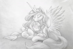 Size: 2400x1600 | Tagged: safe, artist:darkdoomer, princess celestia, earth pony, pony, bandaid, flower, flower in hair, heart, hug, looking at you, maggie joy, solo