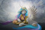Size: 4800x3200 | Tagged: safe, artist:darkdoomer, princess celestia, earth pony, pony, bandaid, flower, flower in hair, heart, hug, looking at you, maggie joy, solo