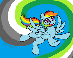 Size: 742x598 | Tagged: safe, alternate version, artist:leopardsnaps, derpibooru import, rainbow dash, pegasus, pony, g4, aromantic, aromantic pride flag, flight trail, flying, ms paint, multicolored hair, open mouth, pride, pride flag, pride month, smiling, solo