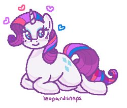 Size: 313x266 | Tagged: safe, alternate version, artist:leopardsnaps, derpibooru import, rarity, pony, unicorn, g4, bisexual, bisexual pride flag, heart, horn, looking at you, lying down, ms paint, pride, pride flag, pride month, simple background, smiley face, smiling, solo, white background