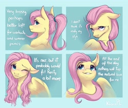 Size: 3746x3157 | Tagged: safe, artist:klarapl, derpibooru import, fluttershy, pegasus, pony, g4, :3, alternate hairstyle, bust, cheek fluff, chest fluff, closed mouth, comic, cute, dialogue, ears, facing away, female, floppy ears, implied rarity, looking at you, mare, one eye closed, out of frame, ponytail, shyabetes, text