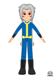 Size: 3535x5000 | Tagged: safe, artist:theminus, derpibooru import, oc, oc only, oc:aero ruinwing, human, equestria girls, g4, clothes, fallout, front view, jumpsuit, male, show accurate, simple background, solo, transparent background, vault 69, vault suit, vector