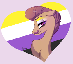 Size: 2767x2431 | Tagged: safe, artist:kaenn, derpibooru import, oc, oc only, oc:partie fine, earth pony, commission, ears, eyeshadow, facial hair, floppy ears, heart, makeup, nonbinary, nonbinary pride flag, pride, pride flag, pride month, simple background, solo, ych result