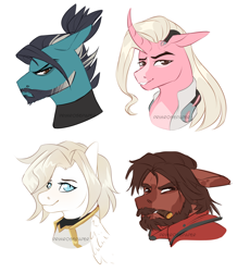 Size: 2304x2503 | Tagged: safe, artist:primrosepaper, derpibooru import, pony, unicorn, beard, bust, cigar, cole cassidy, curved horn, ears, facial hair, female, floppy ears, hanzo, horn, lifeweaver, looking at you, male, mare, mercy, overwatch, ponified, signature, simple background, smiling, smiling at you, smoking, species swap, stallion, watermark, white background