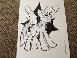 Size: 1024x768 | Tagged: safe, artist:thom zahler, derpibooru import, twilight sparkle, twilight sparkle (alicorn), alicorn, pony, g4, 2014, black and white, commission, female, grayscale, heroescon, heroescon 2014, horn, mare, monochrome, open mouth, open smile, photo, smiling, solo, spread wings, tail, traditional art, wings