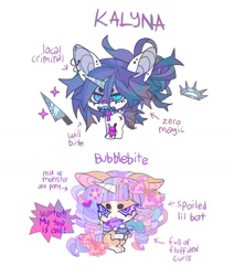 Size: 1357x1602 | Tagged: safe, artist:cutesykill, derpibooru import, part of a set, oc, oc only, oc:bubble bleb, oc:kalyna, monster pony, pony, unicorn, bandage, bandaged leg, bandaged neck, bandaid, bandaid on nose, beanbrows, bear trap, beauty mark, big ears, big head, blank flank, blaze (coat marking), blue eyes, blue sclera, blue teeth, bow, chibi, coat markings, colored eyebrows, colored horn, colored muzzle, colored pinnae, colored sclera, colored teeth, cup, curly hair, curly mane, curly tail, dialogue, duo, duo female, ear piercing, earring, ears, ears back, eyebrows, facial markings, female, hair bow, hair bun, horn, jewelry, knife, long mane, mare, mealy mouth (coat marking), multicolored mane, multicolored tail, narrowed eyes, open frown, open mouth, orange coat, piercing, pink bow, purple eyes, purple mane, purple tail, purple teeth, purple text, raised hooves, ringlets, short tail, simple background, sitting, slit eyes, socks (coat marking), speech bubble, standing, tail, teacup, text, thick eyelashes, tied mane, unicorn horn, unicorn oc, white background, white coat