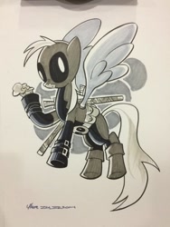 Size: 768x1024 | Tagged: safe, artist:thom zahler, derpibooru import, derpy hooves, pegasus, pony, g4, 2014, clothes, cosplay, costume, deadpool, eating, female, flying, food, grayscale, mare, marvel, messy eating, monochrome, muffin, pouch, solo, spread wings, sword, tail, that pony sure does love muffins, traditional art, weapon, wings, wizard world columbus comic con, wizard world columbus comic con 2014