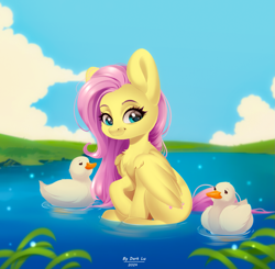 Size: 1661x1627 | Tagged: safe, artist:d_lu, artist:dark_lu, artist:dark_lu~, derpibooru import, fluttershy, bird, duck, pegasus, pony, g4, chest fluff, cloud, female, folded wings, grass, lake, mare, outdoors, partially submerged, sitting, sky, smiling, solo, water, wings