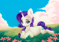 Size: 2560x1834 | Tagged: safe, alternate version, artist:dark_lu, artist:dark_lu~, derpibooru import, rarity, pony, unicorn, g4, cloud, curved horn, female, flower, grass, horn, looking at you, lying down, mare, outdoors, prone, sky, smiling, smiling at you, solo, sploot, tail