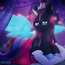 Size: 2000x2000 | Tagged: safe, alternate version, artist:erein, derpibooru import, oc, oc only, oc:osiris eclipse, alicorn, pony, alicorn oc, alternate character, bedroom, bisexual, bisexual pride flag, blue eyes, commission, crown, ears up, ethereal mane, flag, garland, glasses, high res, hoof shoes, horn, indoors, jewelry, lgbt, looking at you, male, night, pillow, pride, pride flag, pride month, regalia, room, smiling, smiling at you, solo, spread wings, starry mane, starry tail, string lights, tail, wings, ych result