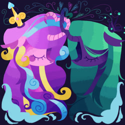 Size: 2048x2048 | Tagged: safe, artist:cingulomana, derpibooru import, princess cadance, queen chrysalis, alicorn, changeling, changeling queen, pony, g4, alternate color palette, alternate design, alternate mane color, alternate universe, black background, blaze (coat marking), changeling horn, chest fluff, coat markings, colored, colored eartips, colored eyebrows, colored hooves, colored horn, colored horntip, colored pupils, crown, curly hair, curly mane, curved horn, duo, duo female, ear fluff, ears, eye clipping through hair, eyelashes, eyes closed, eyeshadow, facial markings, facing each other, female, flat colors, floating heart, floppy ears, green mane, heart, heart horn, high res, horn, horns are touching, infidelity, jewelry, lesbian, lineless, long horn, long mane, mare, multicolored mane, multicolored tail, neck fluff, no mouth, pink coat, profile, purple body, purple eyes, purple pupils, regalia, ship:cadalis, shipping, simple background, straight mane, tail, three toned mane, three toned tail, tri-color mane, tri-color tail, tri-colored mane, tri-colored tail, tricolor mane, tricolor tail, tricolored mane, tricolored tail, unshorn fetlocks, wall of tags, watermark