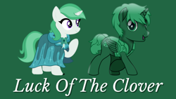 Size: 2048x1152 | Tagged: safe, artist:clever clovers, artist:reececup11, derpibooru exclusive, derpibooru import, clover the clever, oc, oc:clever clovers, series:luck of the clover, duo, green background, simple background