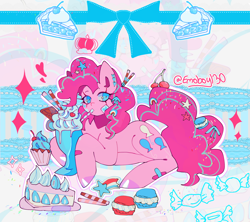 Size: 2048x1820 | Tagged: safe, artist:emoboy130, derpibooru import, pinkie pie, earth pony, pony, g4, abstract background, alternate accessories, alternate mane color, alternate tail color, bandaid, blue bow, blue eyes, bow, cake, cake slice, colored hooves, colored pinnae, cupcake, curly hair, curly mane, curly tial, drink, drinking, drinking straw, ear fluff, ear piercing, earring, ears, female, floating crown, floating heart, food, hair accessory, hair bow, hairclip, heart, heart mark, jewelry, long eyelashes, long mane, long tail, looking back, lying down, macaron, mane accessory, mare, milkshake, outline, piercing, pink coat, pink eyelashes, pink hooves, pink mane, pink tail, prone, ribbon, shiny hooves, shrunken pupils, signature, solo, sparkles, sprinkles in mane, sprinkles in tail, sticker, tail, tail accessory, tail bow, tail clip, two toned mane, two toned tail, zoom layer