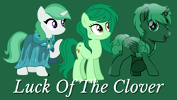 Size: 2048x1152 | Tagged: safe, artist:clever clovers, artist:reececup11, artist:whalepornoz, derpibooru exclusive, derpibooru import, clover the clever, wallflower blush, oc, oc:clever clovers, series:luck of the clover, green background, simple background, trio