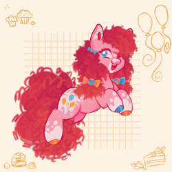 Size: 2000x2000 | Tagged: safe, artist:qalrey, derpibooru import, pinkie pie, earth pony, pony, g4, appaloosa, balloon, bow, cake, cake slice, coat markings, colored hooves, female, food, grid background, hair bow, high res, hooves, looking at you, mare, muffin, multicolored hooves, one eye closed, open mouth, open smile, smiling, smiling at you, solo, sprinkles, wink, winking at you