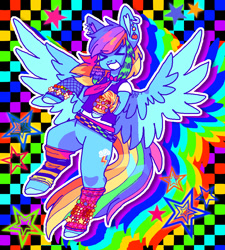 Size: 900x1000 | Tagged: safe, artist:qalrey, derpibooru import, rainbow dash, pegasus, pony, g4, :3, ><, bracelet, checkered background, clothes, ear piercing, earring, eyes closed, eyestrain warning, female, fishnet clothing, flying, jewelry, leg warmers, mare, necktie, outline, piercing, rainbow background, scene, scenecore, solo, spread wings, stars, wings