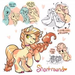 Size: 4096x4096 | Tagged: safe, artist:opalacorn, derpibooru import, oc, oc only, oc:shortround, bird, duck, earth pony, pony, boop, dialogue, ears, eyes closed, female, floating heart, floppy ears, heart, height difference, helmet, hoof on chest, jewelry, mare, mining helmet, name, necklace, noseboop, rearing, silver, simple background, smiling, unshorn fetlocks, white background