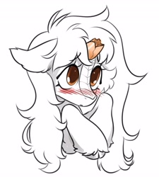 Size: 3688x4096 | Tagged: safe, artist:opalacorn, derpibooru import, oc, oc only, kirin, blush lines, blushing, broken horn, bust, cheek fluff, cloven hooves, ears, eyebrows, eyebrows visible through hair, female, floppy ears, high res, horn, kirin oc, monochrome, partial color, simple background, solo, unnamed oc, unshorn fetlocks, white background