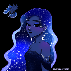 Size: 640x640 | Tagged: safe, artist:pinzillastudio, derpibooru import, princess luna, alicorn, human, pony, equestria girls, g4, black background, clothes, dress, ear piercing, earring, ethereal hair, eyeshadow, female, humanized, jewelry, makeup, piercing, pony coloring, simple background, solo, sparkles